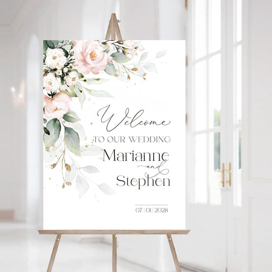 Personalized Wedding Welcome Sign, Blush Pink Floral Wedding Sign Signage 12" X 18" (Small), 27" (Medium), 36" (Large), Plastic, Modern, Pole Mount, Weather