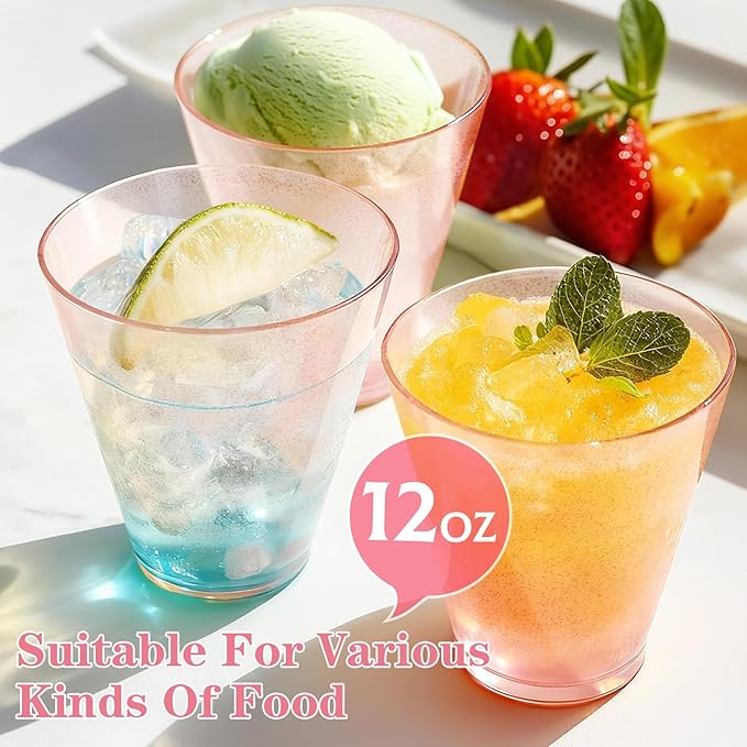 200 Pack Plastic Cups Disposable 12 oz Pink Glitter Party Cups for Cocktail Fancy Clear Plastic Cup, Drinking Cups for Birthdays, Weddings, Christmas,Graduation,Thanksgiving