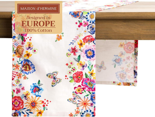 Maison d' Hermine Table Runner 100% Cotton Single Layer Table Runners 72 inches Long Decorative for Home Dining Party Wedding Bridal Shower Spring Summer (Happy Florals - High Summer, 14.50" x 72")