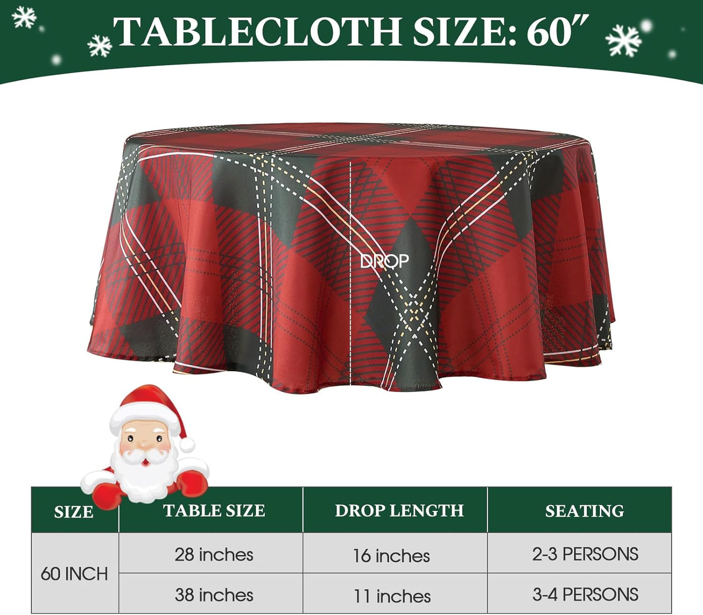 Christmas Tablecloth Round 60 Inch Waterproof, Machine Washable Checkered Polyester Table Cover for Xmas Party, Winter Holiday Home Decoration in Festive Checkered Green 1pack