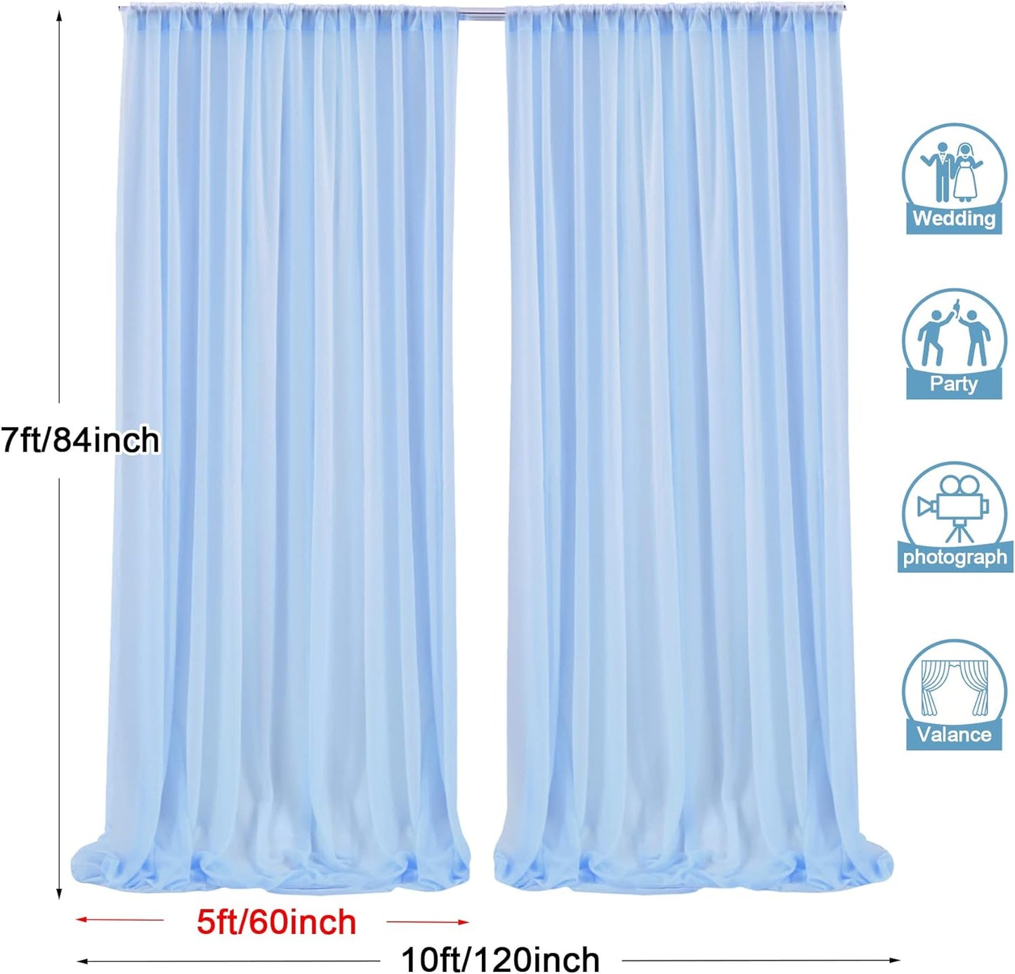 PARTISKY 10ftx7ft Blue Chiffon Backdrop Curtains, Wrinkle-Free Sheer Fabric Photo Drapes for Wedding Ceremony Arch Birthday Baby Shower Photography Stage Decor 5ft x 7ft, 2 Panel
