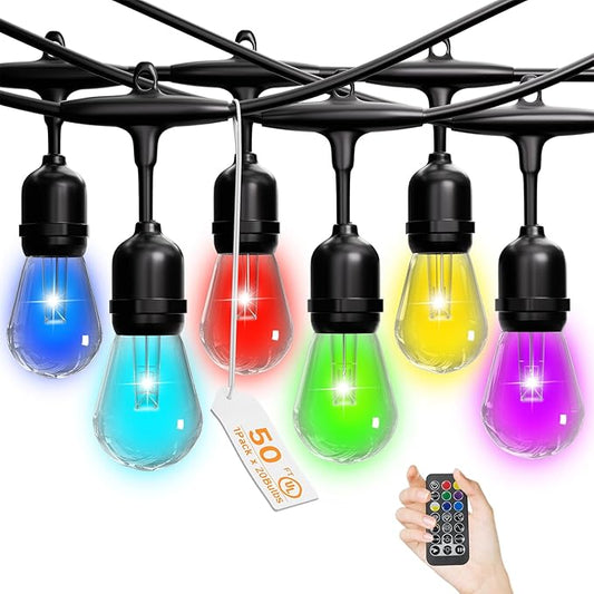 RGB Safety String Lights 50FT - Commercial Grade Low Voltage Strand with 20+2 S14 Shatterproof Bulbs for Tree Garden Yard bistro Cafe | RGB Party Lights & Outdoor Lights | IP65 Waterproof | UL Listed