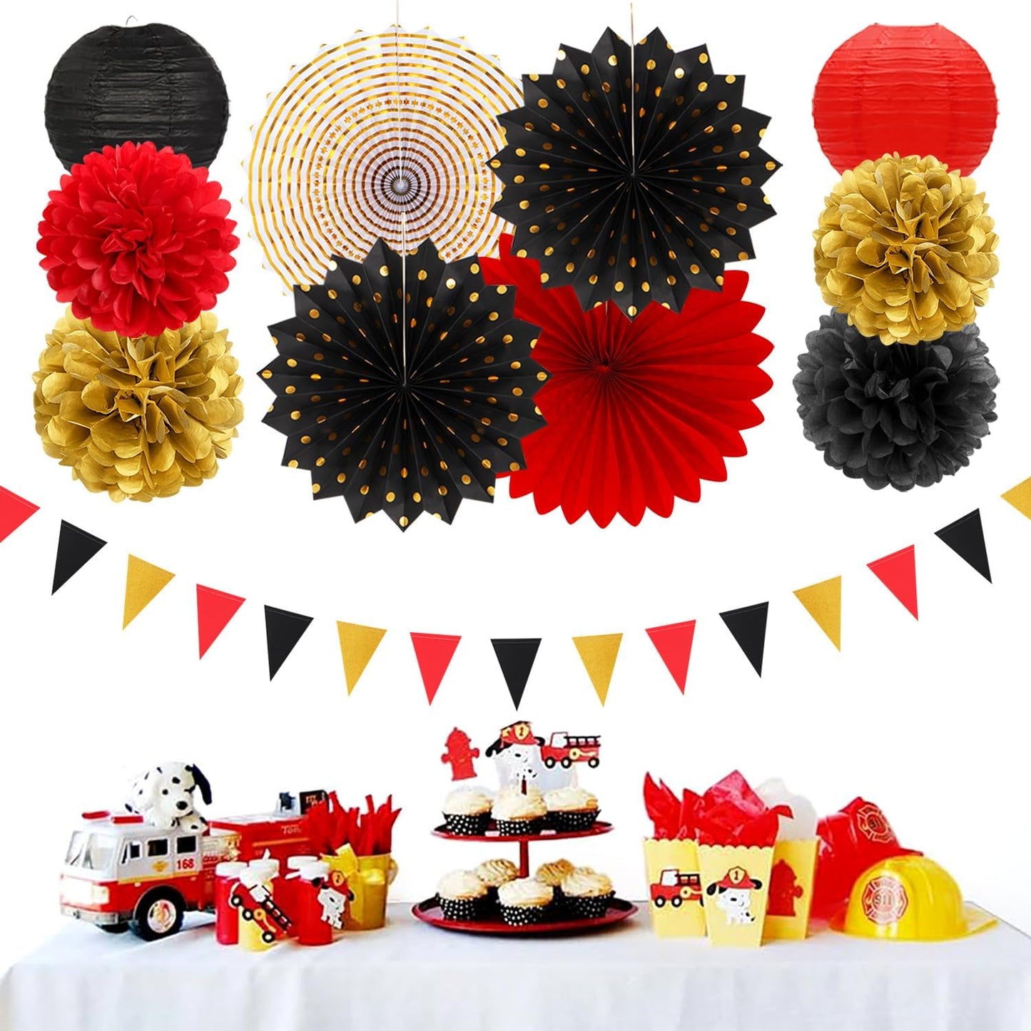 Red-Black Gold Casino Theme Party-Decorations - 20pcs Game Night Paper Lanterns Fans,Tissue Pom Poms,Honeycomb Balls,Bunting,Birthday Graduation Wedding Bridal Baby Shower Decor Burgleda