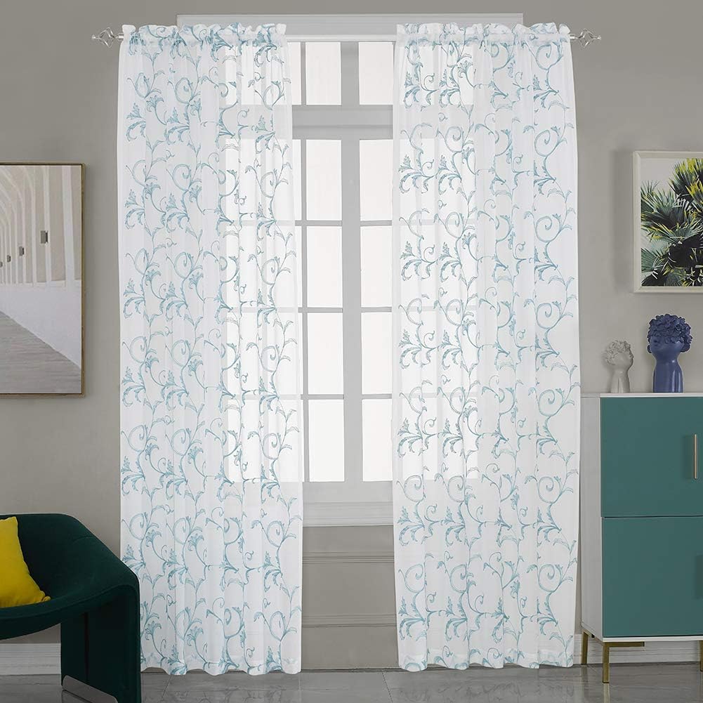 Embroidery Blue Sheer Curtains 84 Inches Long, Rod Pocket Sheer Drapes for Living room, Bedroom, 2 Panels, 52"x84", Vintage Semi Crinkle Voile Window Treatments for Yard, Patio, Villa, Parlor.