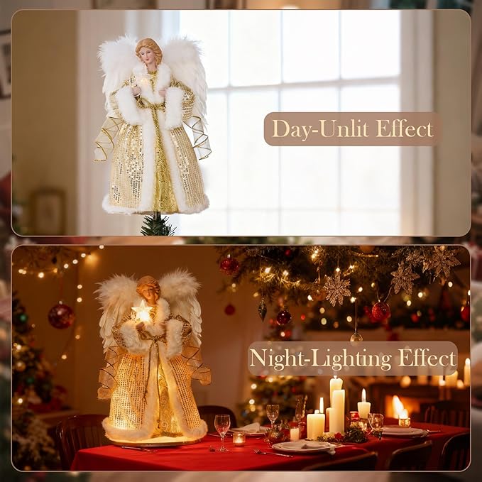 Angel Christmas Tree Topper, 12.5 Inch Angel Tree Topper with Lights, Christmas Tree Topper with White Feather Wings, Xmas Tree Topper for Christmas Decor Home Holiday Party,Gold