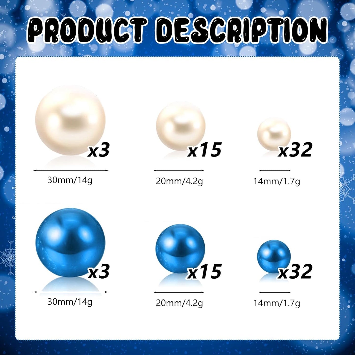 100PCS Blue White Faux Pearls Beads for Centerpiece Vases, Vase Filler Faux Pearls, No Holes Filler Beads for Party Anniversary Birthday Wedding Table Decor, 14/20/30mm