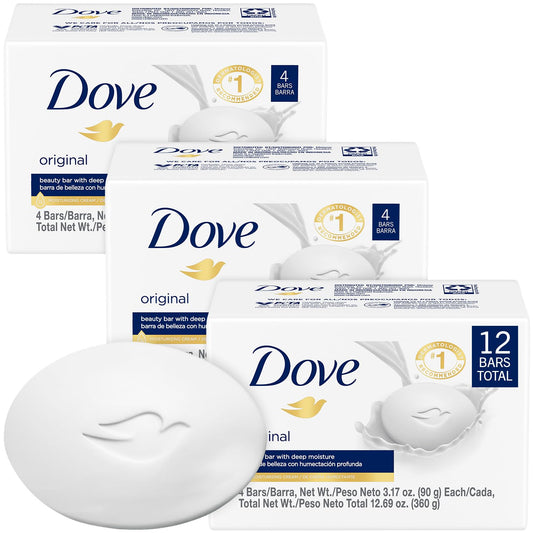 Dove Soap, Original Beauty Bar 3-Pack (12 Soap Bars) – 3-in-1 Moisturizing Face, Body & Hand Soap, 3.17 Oz Ea