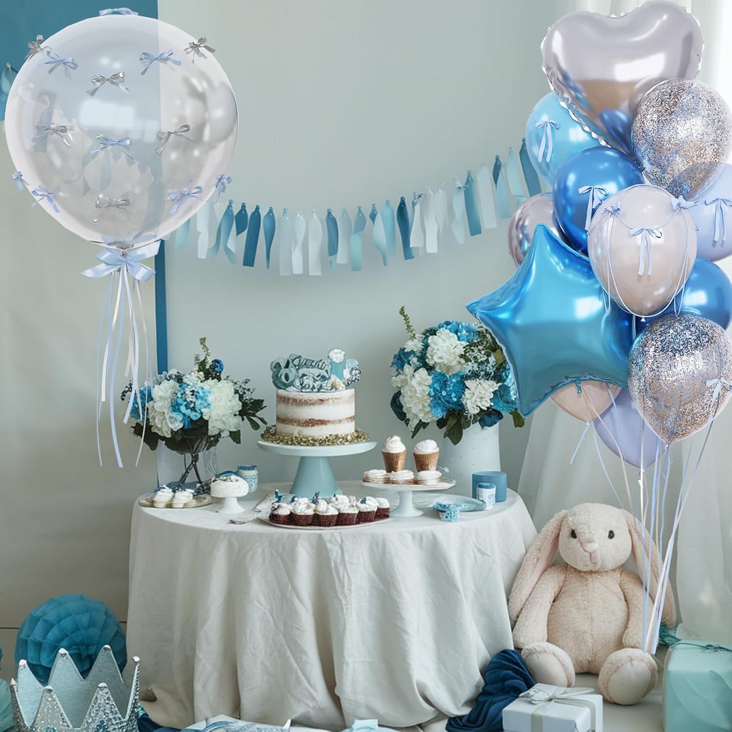 Blue and Silver Balloons Heart Star Mylar Balloons, Happy Birthday Decorations for Men Women, Metallic Light Baby Blue Silver Balloon 18 in Clear Confetti Heart Star Shape Foil Balloon as Party Decor