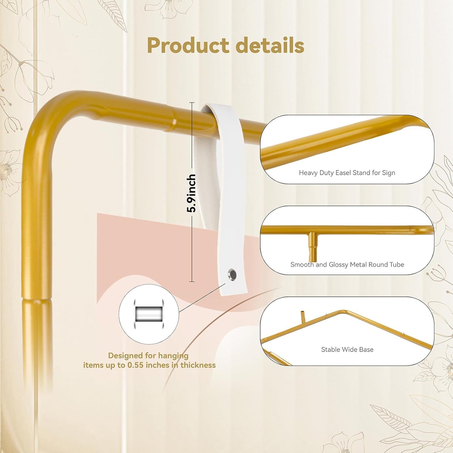 Wedding Sign Holder, Adjustable Welcome Sign Stand w/ Leather Hanging Strap, Satin Ribbon & Carry-on Bag, Heavy Duty Easel Stand for Wedding Seating Chart, Display & Poster (Gold)