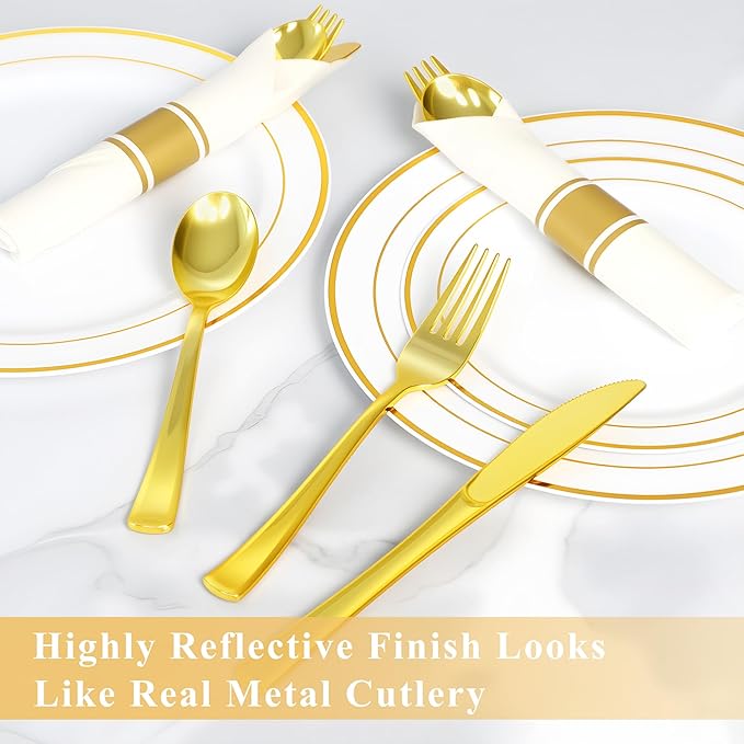200 Pack Pre Rolled Gold Plastic Silverware Set,Wrapped Plastic Cutlery Set with Napkin Include 200 Forks,200 Spoons,200 Knives and 200 White Napkins for Party,Wedding,Christmas