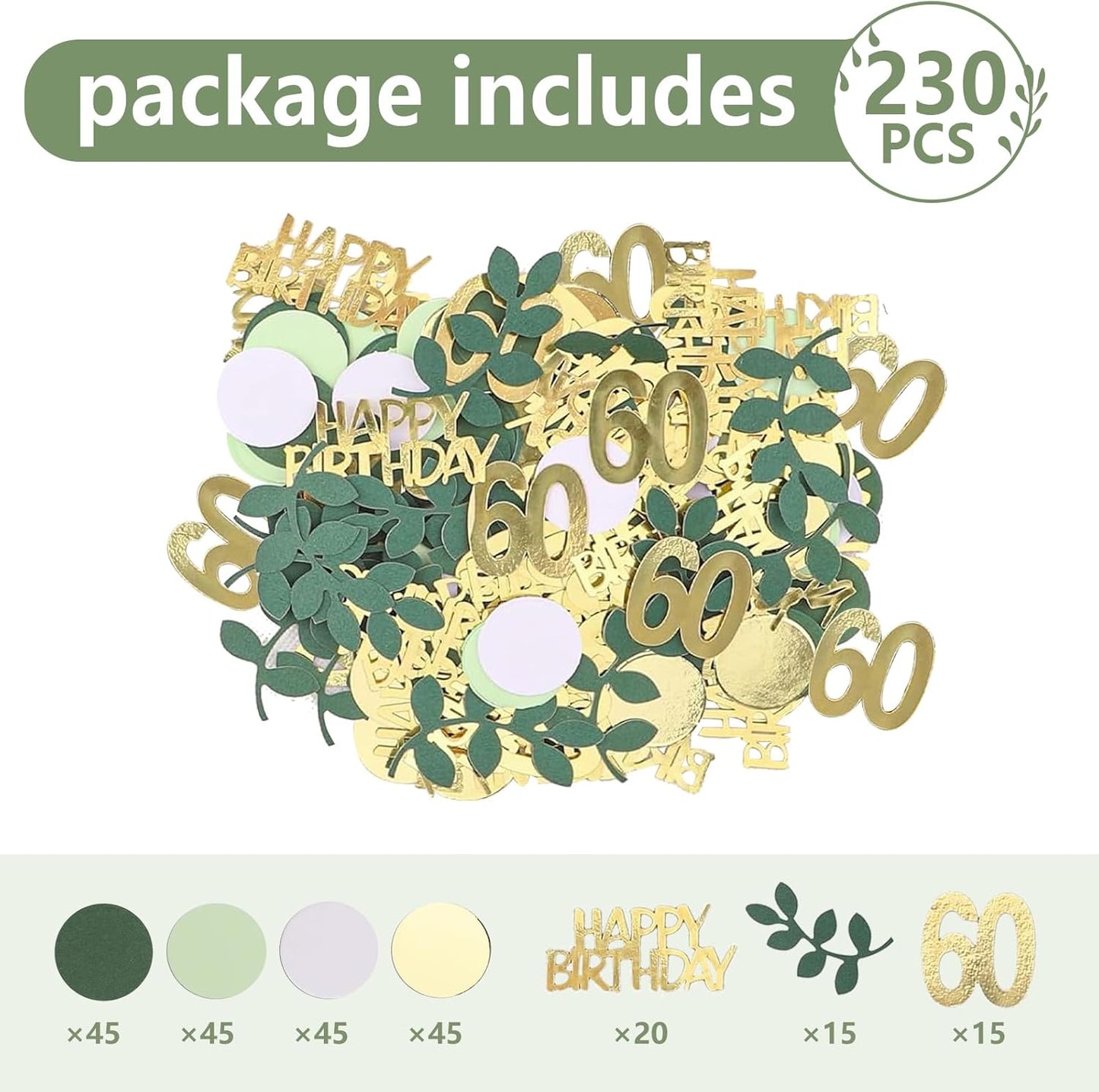 Sage Green 60th Happy Birthday Confetti, 60th Birthday Table Decorations Scatter Green Gold Foil Cake Confetti Decorations for 60 Bday Woman Men Party Decor 230 Pcs