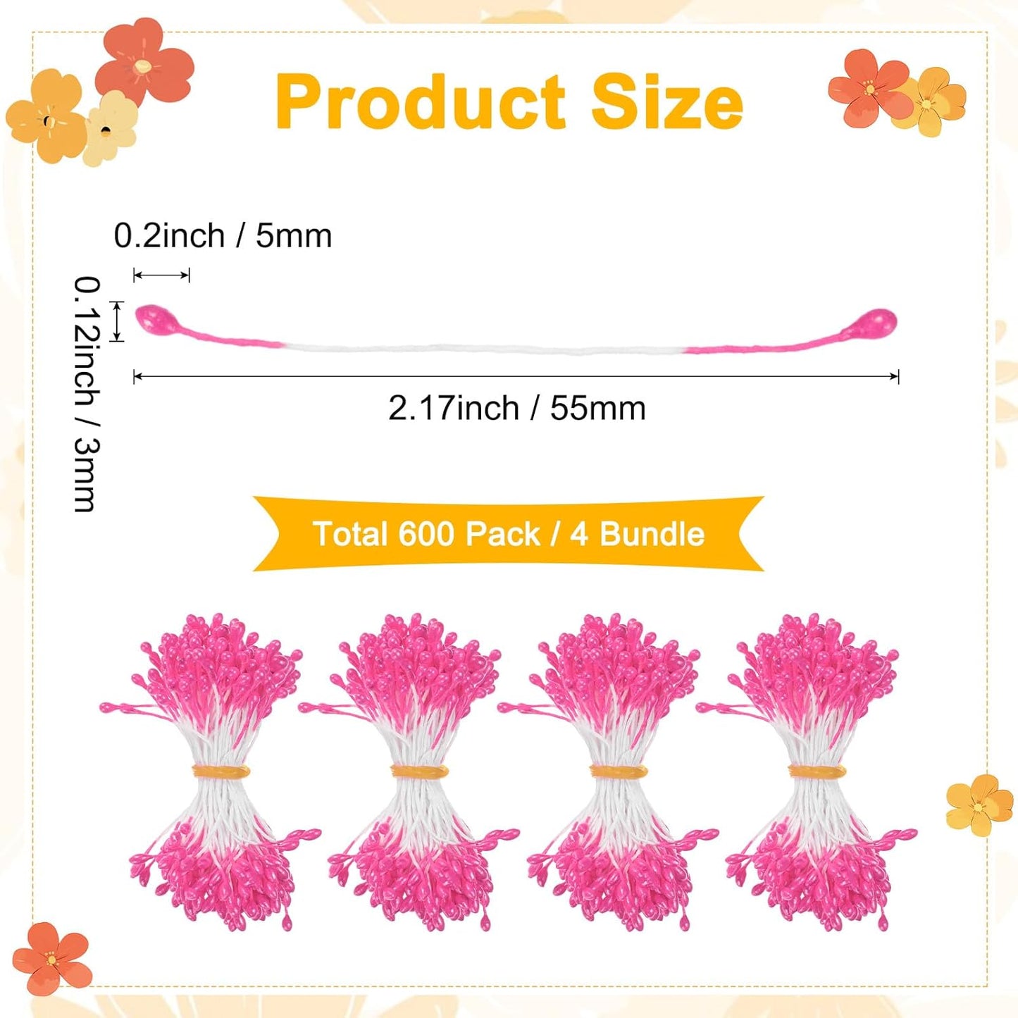 600-Pack Flower Stamens for Crafts, 5mm Double Heads Artificial Pearl Floral Pistil Mini Flower Pollens Stamens for DIY Making/Wedding/Scrapbook Decoration [Rose Red]