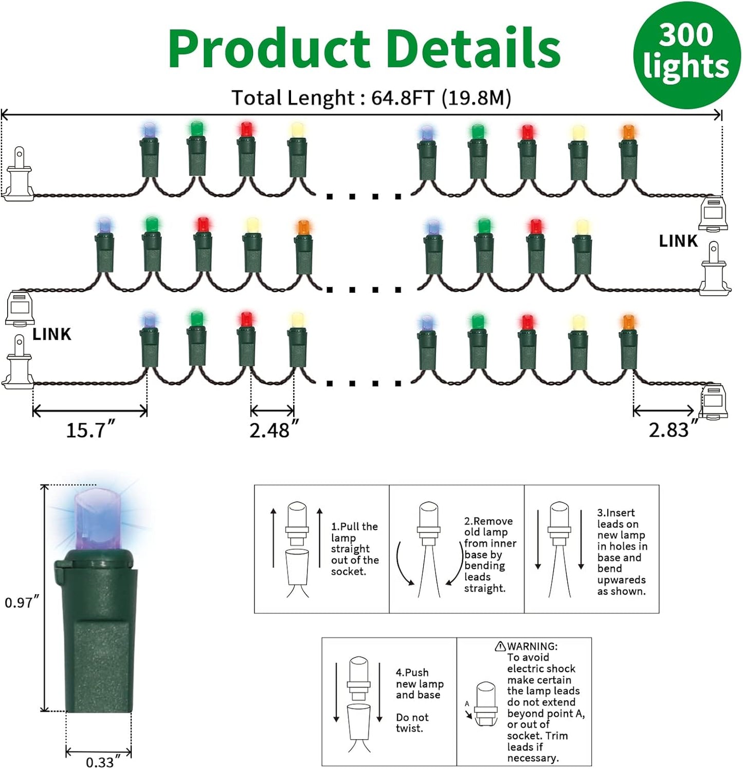 Multicolor Wide Angle LED Christmas Lights, 64.8 Ft 300 Count, Pack of 3 Strands 21.9 Ft 100 Lights UL Certified Commercial Grade Green Wire 5mm Holiday String Light