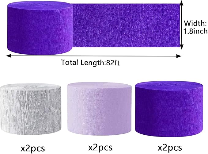 We Moment Purple Crepe Paper Streamers Party Silver Streamer 1.8 Inch Widening 6 Rolls, Party Streamer 82 feet per roll for Birthday Wedding Party Decoration