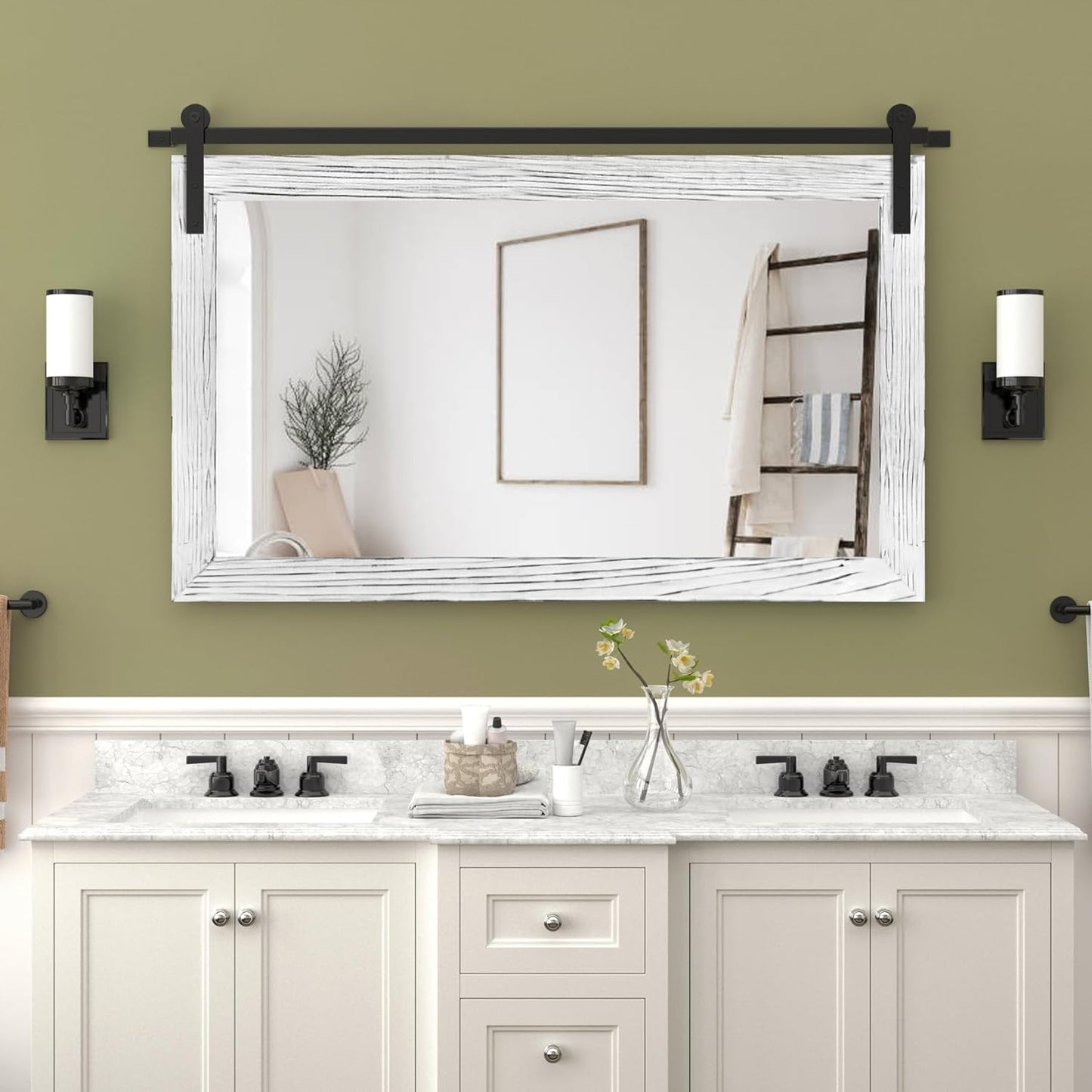 COGOOD Farmhouse Bathroom Mirror - 41" x 30" Rustic Barn Door Mirror for Living Room, Entryway, Bedroom, Vanity Wall Decor (White)