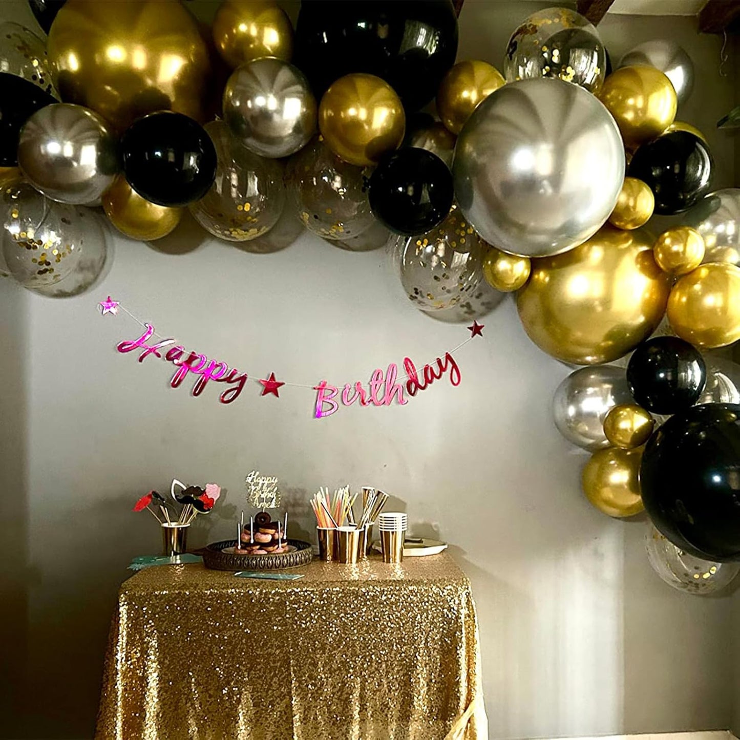 Latex Balloons with Gold Confetti Helium Party Balloons for Birthday Anniversary Wedding Retirement New Year Decoration, Black White Gold (BS-001)