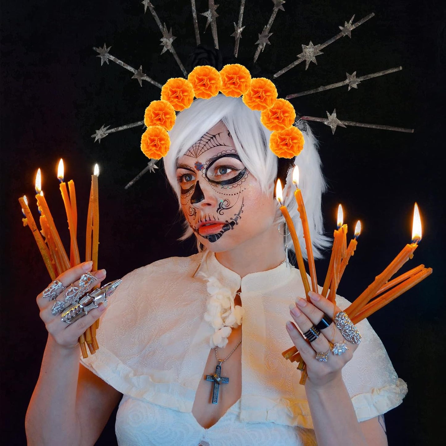 Hananona 50Pcs Artificial Marigold Flower Heads, Silk Marigold Heads Bulk Fake Flowers for Dia De Los Muertos Decor DIY Marigold Garland Day of The Dead Decorations