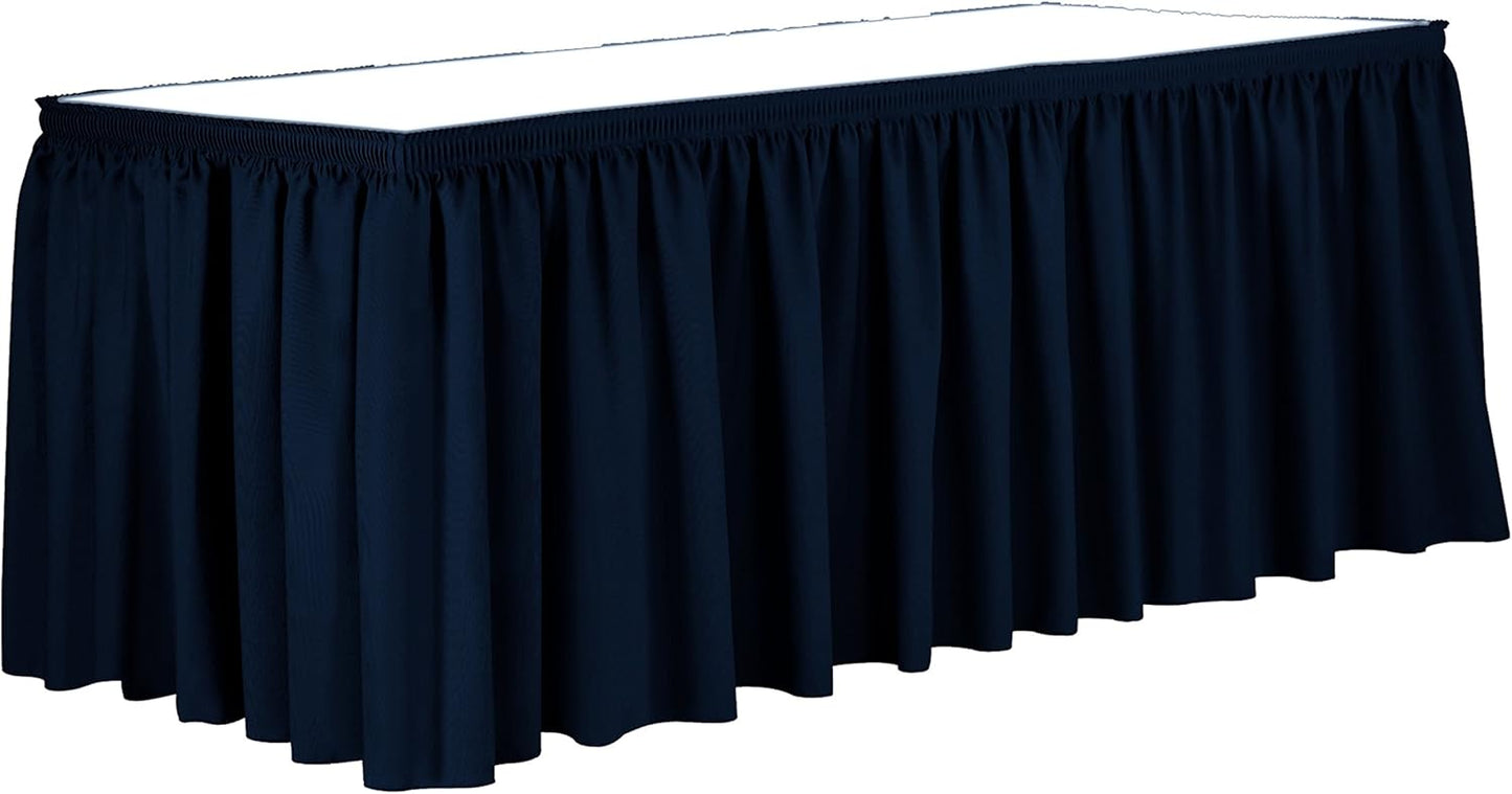 Ultimate Textile Pleat Polyester Fabric Table Skirt - Machine Washable Flame Resistant with Clips for Events, Weddings & Trade Shows, Cut & Sewn in Paterson, NJ - Navy, 17' Shirred Pleat