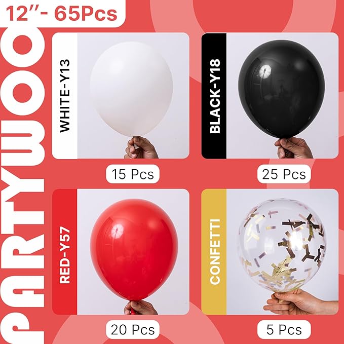 PartyWoo Red and Black Balloons 65pcs 12 Inch Matte Black Red White Confetti Balloons for Graduation Men Birthday Wedding Anniversary Bachelorette Racing Car Casino Retirement Party Decorations