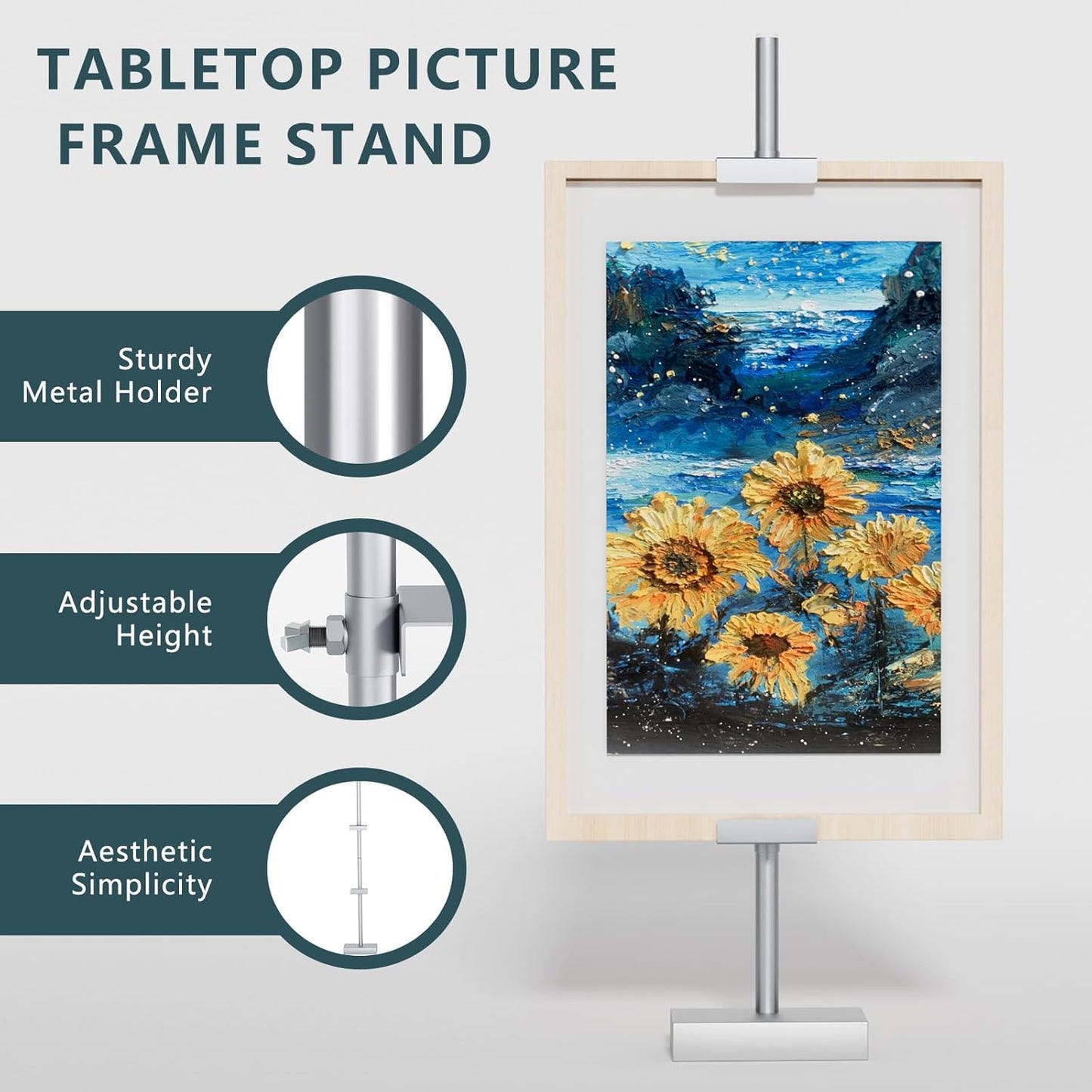 Tabletop Picture Frame Stand, Adjustable for Frames Up to 29" H, Frame Holder Stand Table Easels for Display, Metal Standing Easel Display Stand for Picture Frames, Artwork, Canvas (Silver)