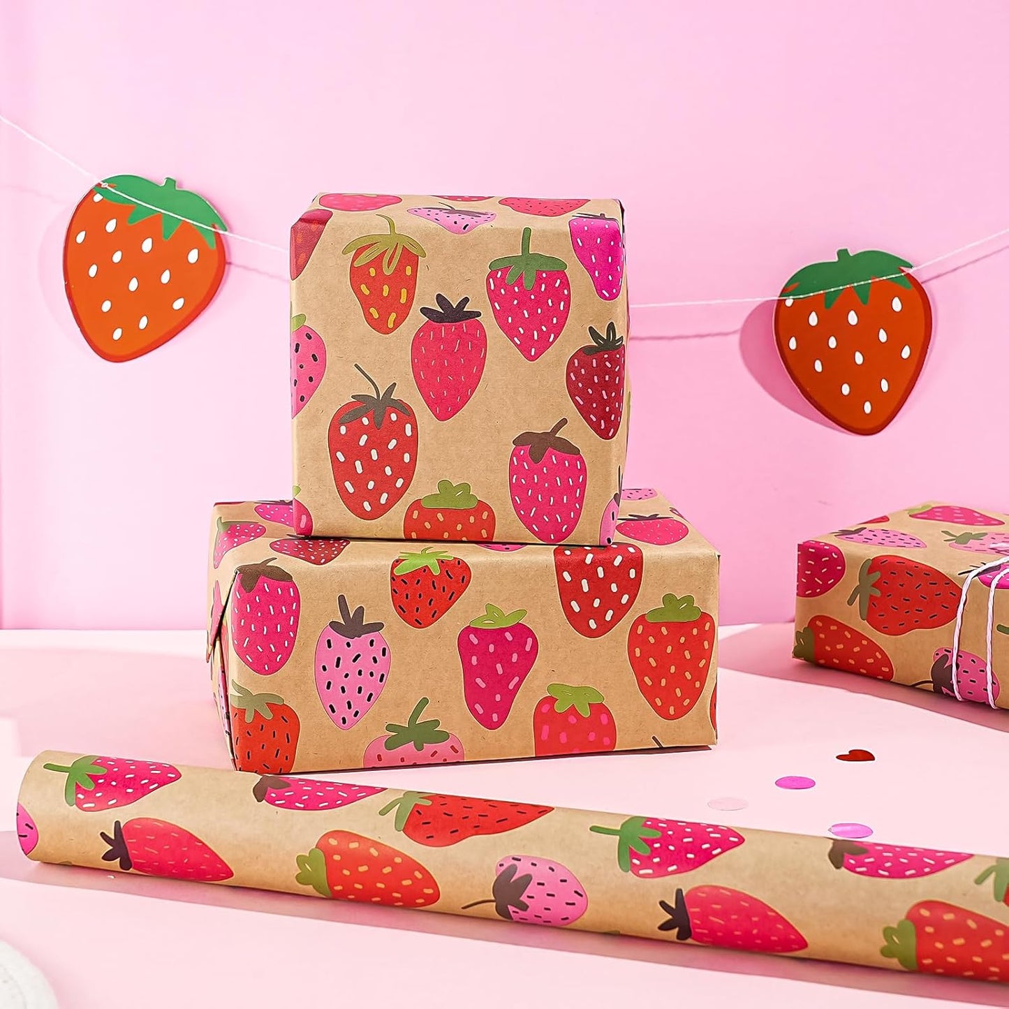WRAPAHOLIC Kraft Strawberry Wrapping Paper Roll - Mini Roll - 17 Inch x 16.5 Feet - Sweet Strawberry Fruits Wrapping Paper for Summer, Birthday, Wedding, Bridal Shower