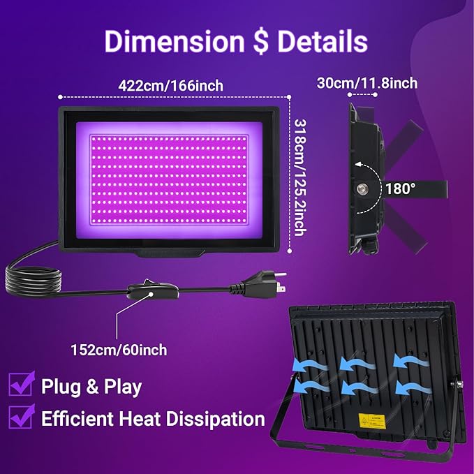 2 Pack 300W LED Black Light IP66 Waterproof,Blacklight with Plug and Switch,Flood Light for Glow Party,Halloween Decoration, Body Paint, Fluorescent Poster, Stage Lighting,Neon Glow,5.25Ft Cord