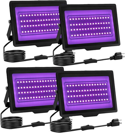 Black Light IP66 Waterproof,Blacklight with Plug and Switch, Flood Light for Glow Party,Halloween Decoration, Body Paint, Fluorescent Post (4PACK Without Remote, 40W)