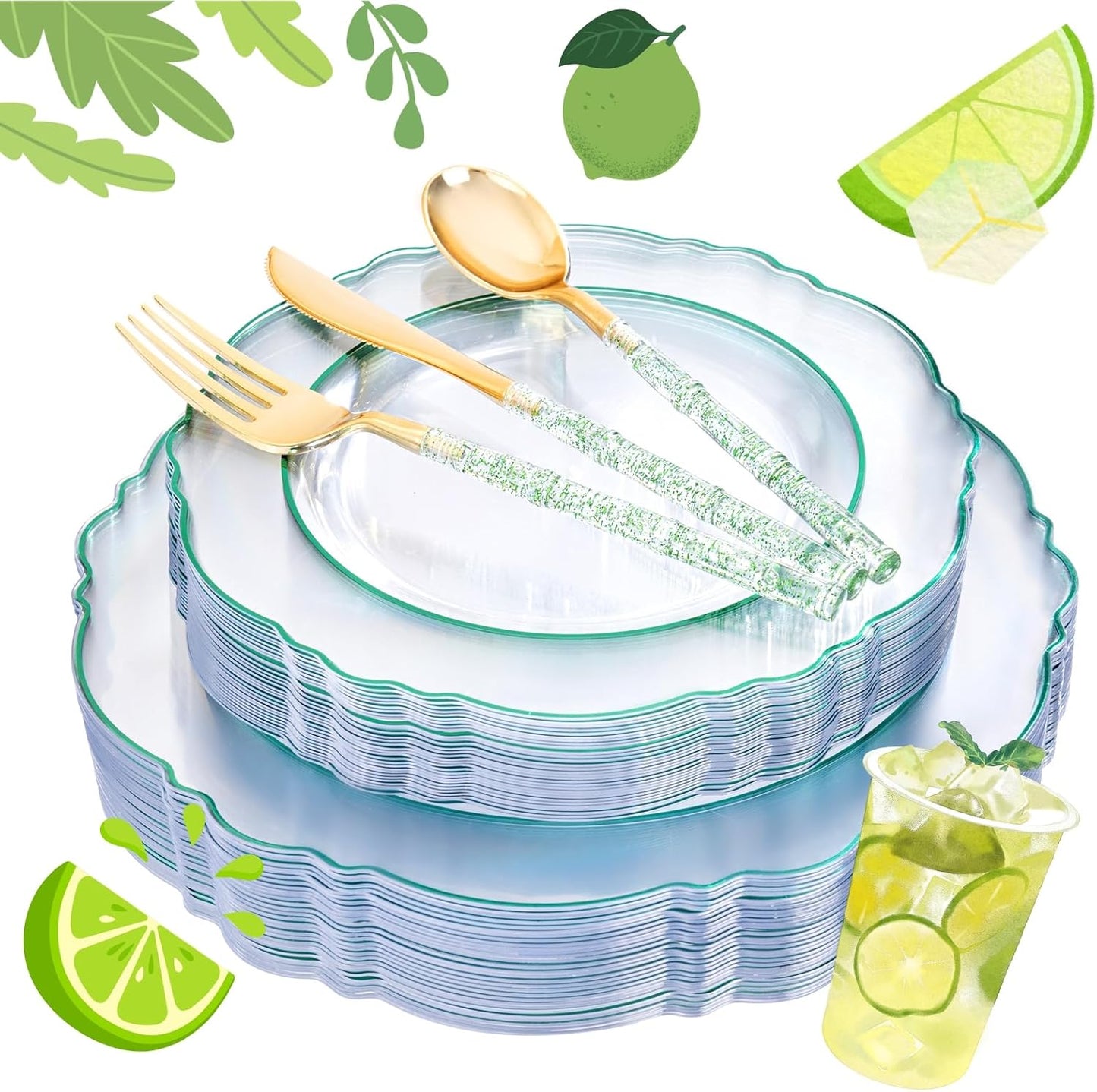 Liacere 150PCS Clear and Green Plastic Plates - Disposable Plates with Glitter Bamboo Handle Cutlery - 60 Baroque Elegant Plates,30Forks,30Spoons,30Knives for St. Patrick's Party