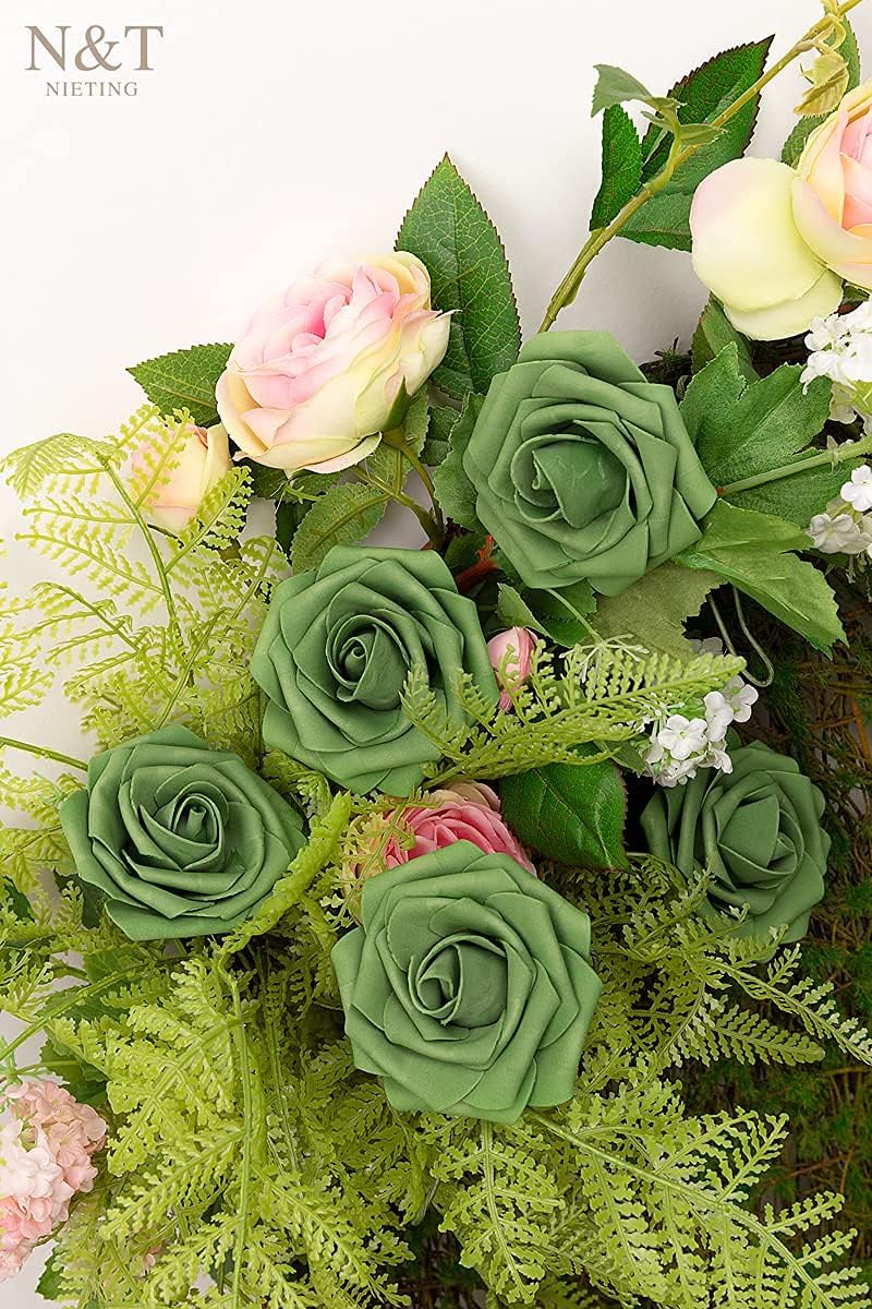N&T NIETING Roses Artificial Flowers, 25pcs Artificial Flowers Foam Flowers with Stems for DIY Cake Decoration Wedding Party Home Decoration, Army Green