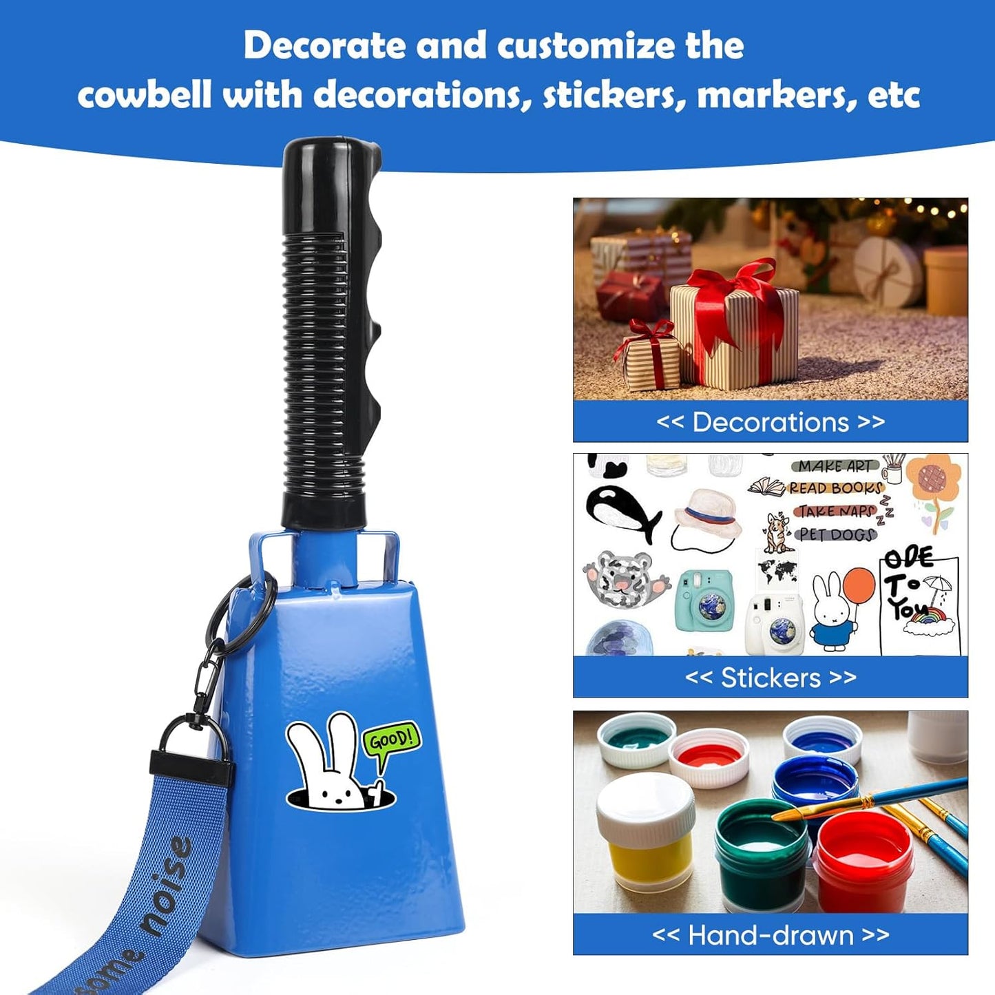 Cow Bells Noise Makers with Handle: Cowbells Hand Percussion for Sporting Events with Wrist Strap - 2pcs 8 Inch Large Loud Cheering Bell for Football Games Graduation (Blue)