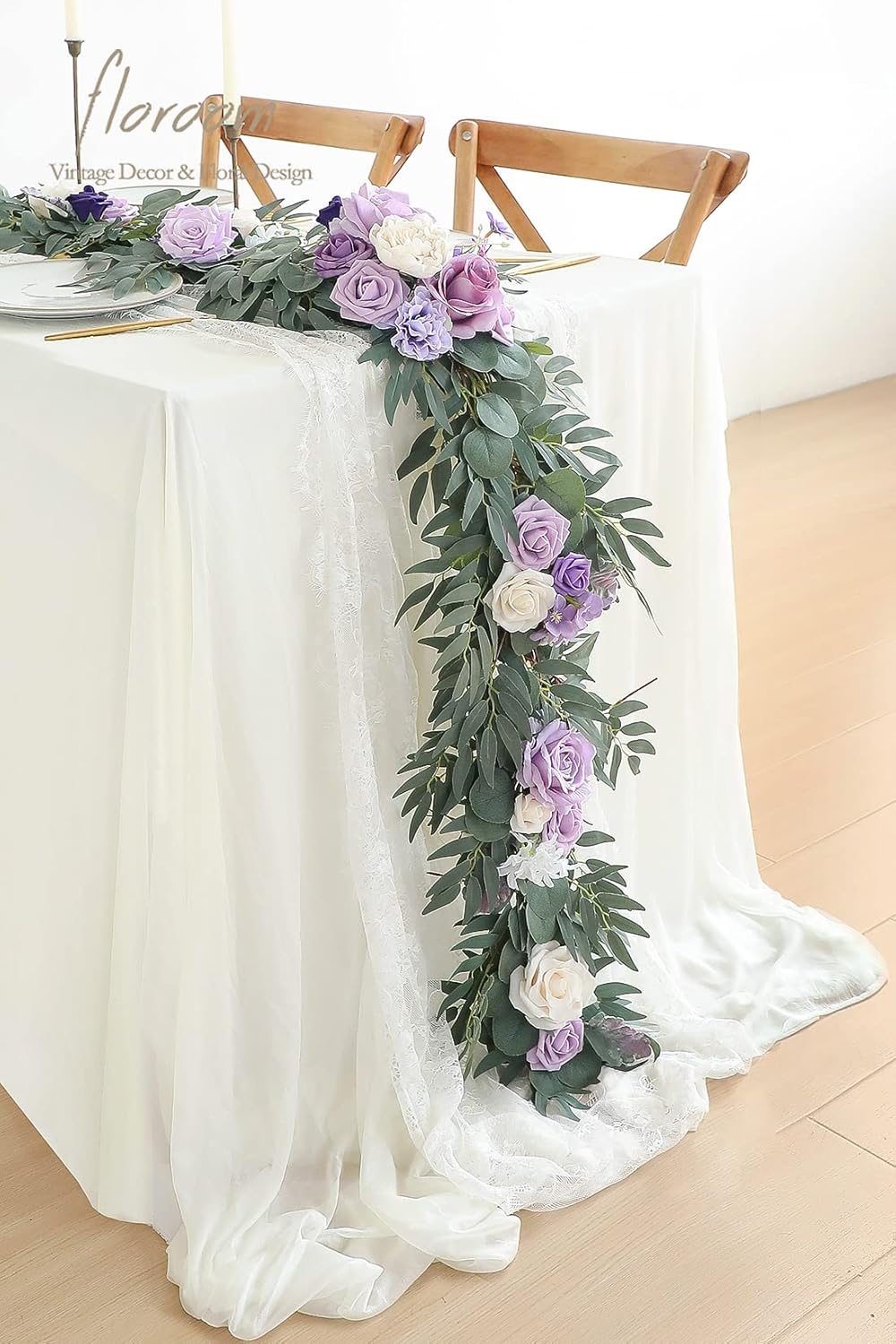 Floroom 6ft Artificial Eucalyptus Garland with Flowers Fake Greenery Faux Floral Vine Garland for Table Decor Wedding Centerpieces Bridal Shower Party Decorations, Lilac & Lavender
