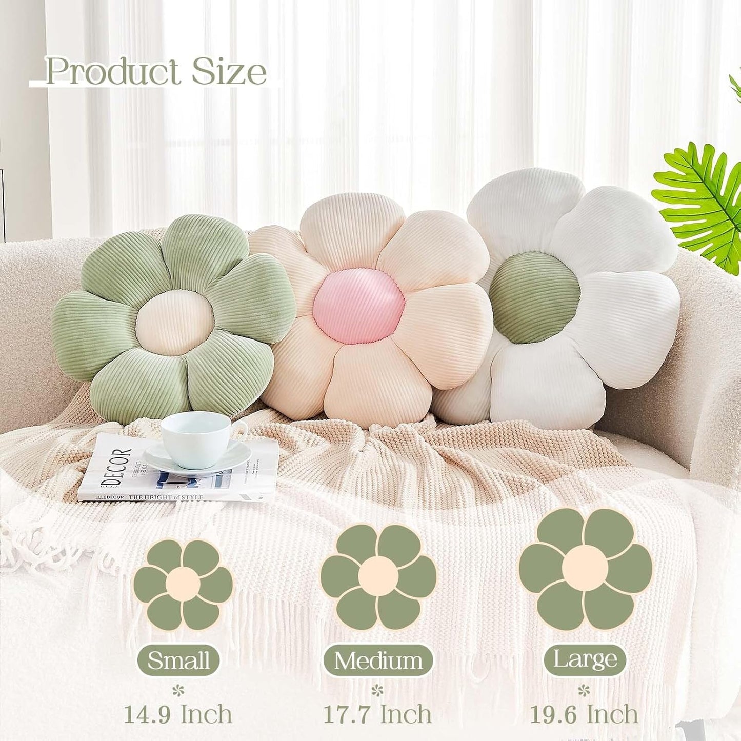 Sage Green Flower Pillow, 17.7" Cute Flower Shaped Floor Pillow, Aesthetic Floral Plush Daisy Decorative Throw Pillows for Bed Sofa Couch