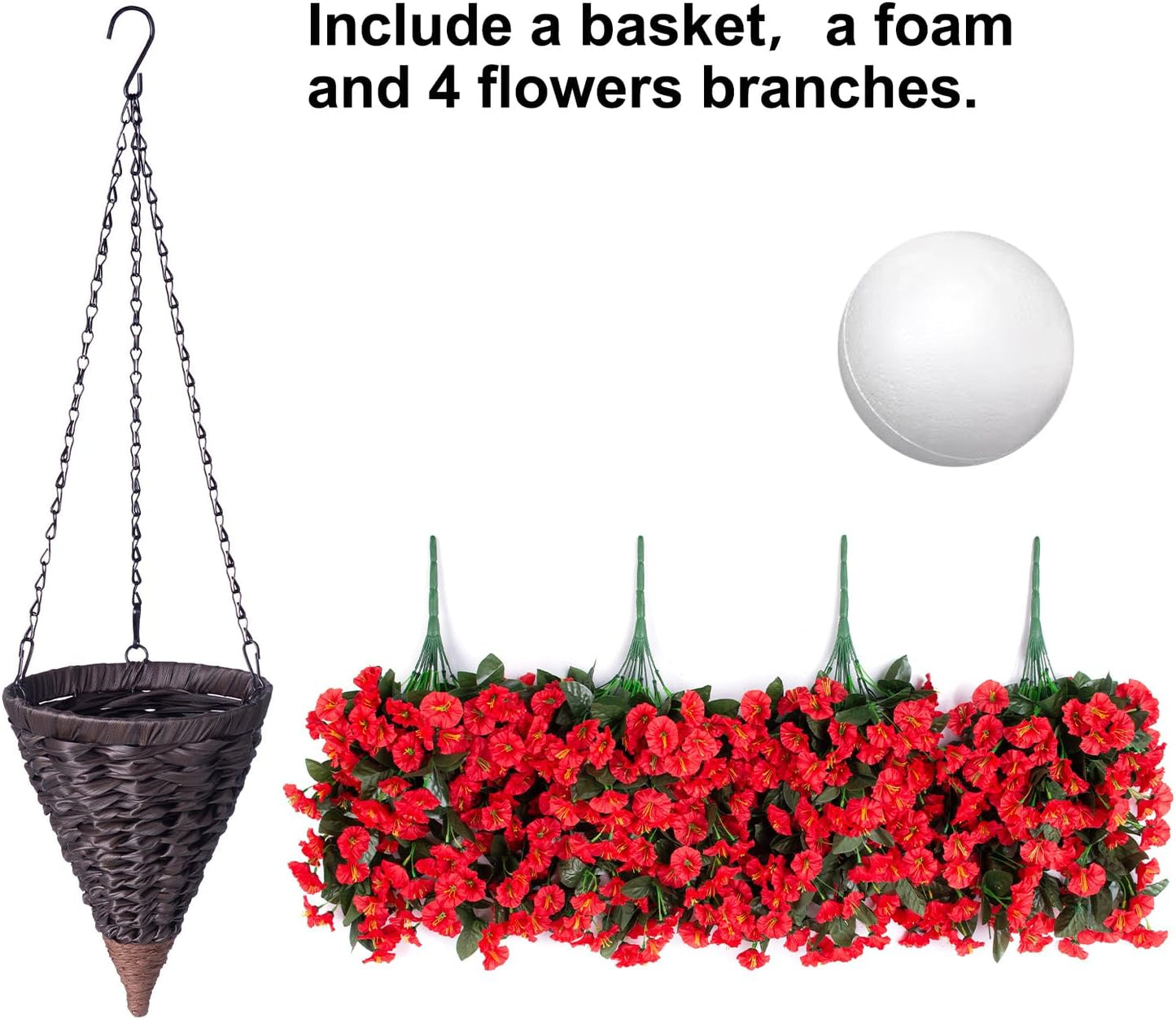 Artificial Fake Red Hanging Flowers Plants Baskets for Outdoor Winter Christmas, Faux Silk UV Resistant Look Real Morning Glory Vines for Outside Porch Patio Balcony Garden Yard Home Decor