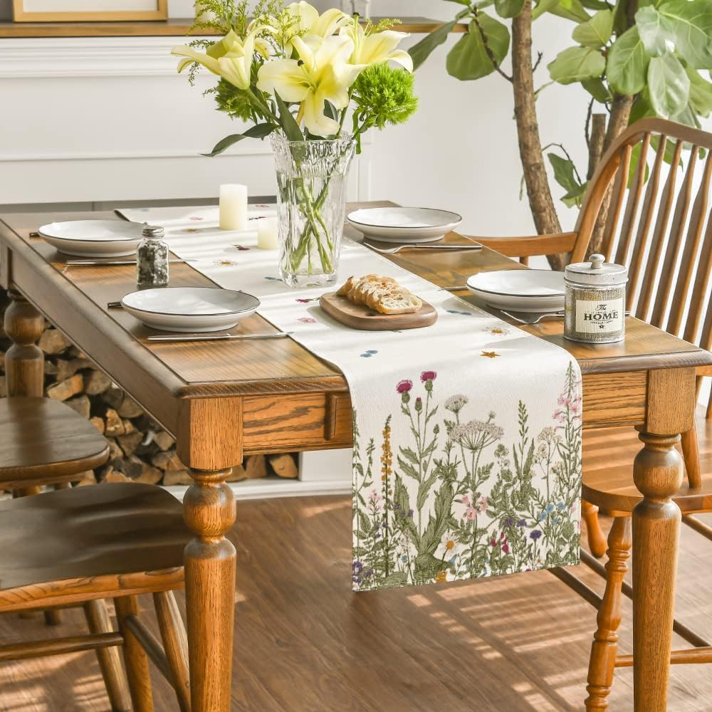 Artoid Mode Antique Herbs and Wild Flowers Summer Table Runner, Spring Fall Kitchen Dining Table Decoration for Home Party 13x120 Inch