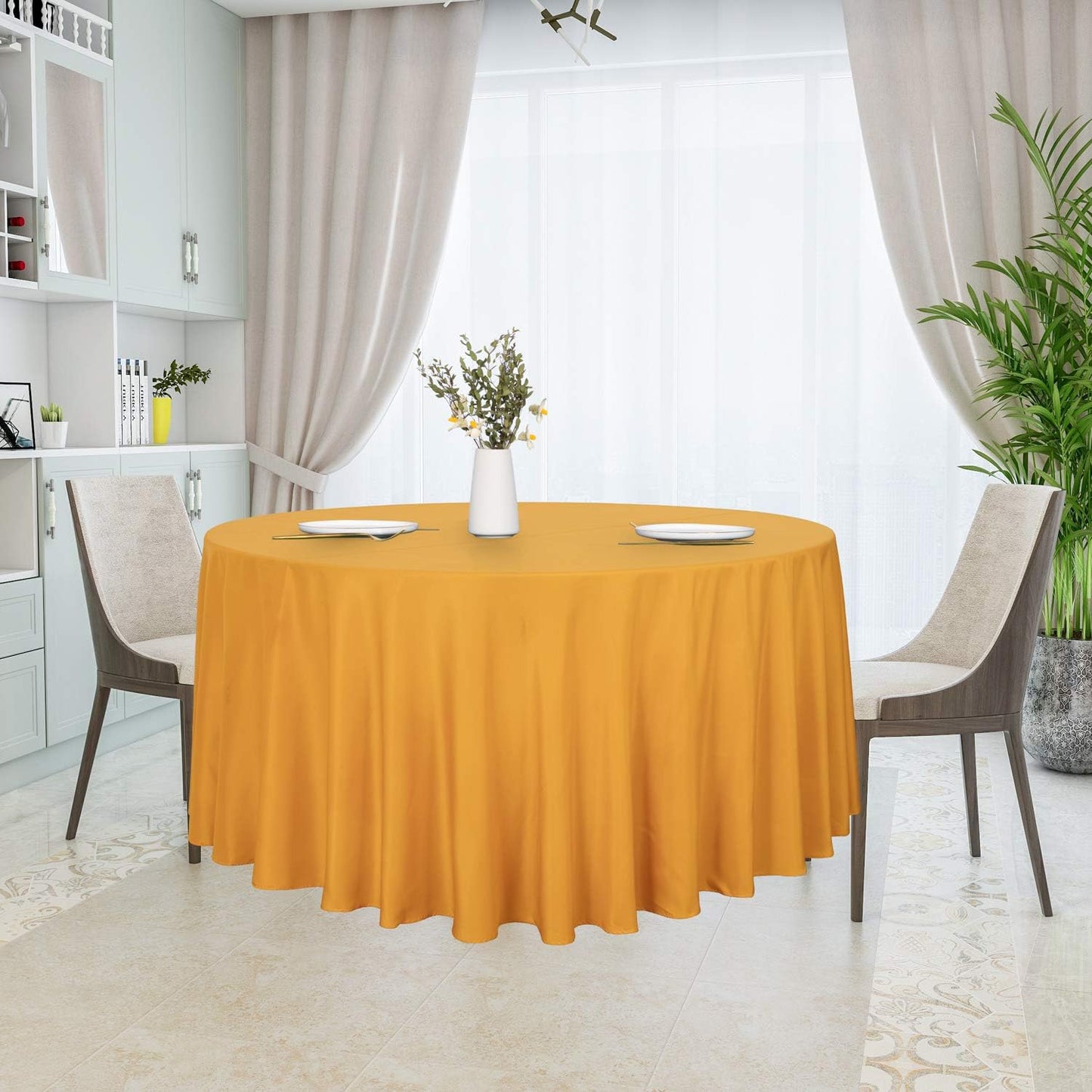 sancua Round Tablecloth - 108 Inch - Water Resistant Spill Proof Washable Polyester Table Cloth Decorative Fabric Table Cover for Dining Tables, Buffet Parties and Camping, Gold