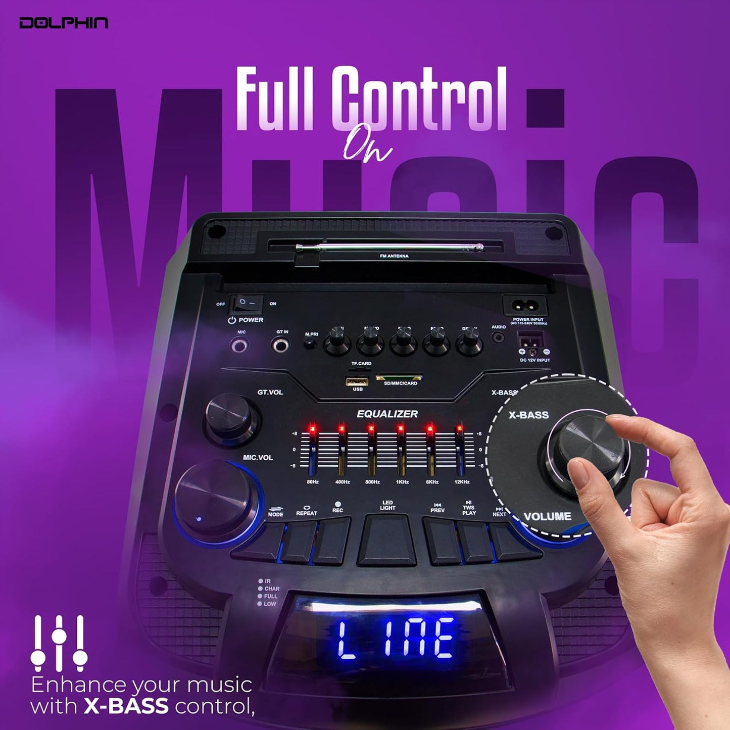 Dolphin High-Power Portable Party Bluetooth Speaker – Wooden Cabinet, X-BASS, LED Lights, Wireless Microphone – Ideal for Parties, Tailgating, and Events