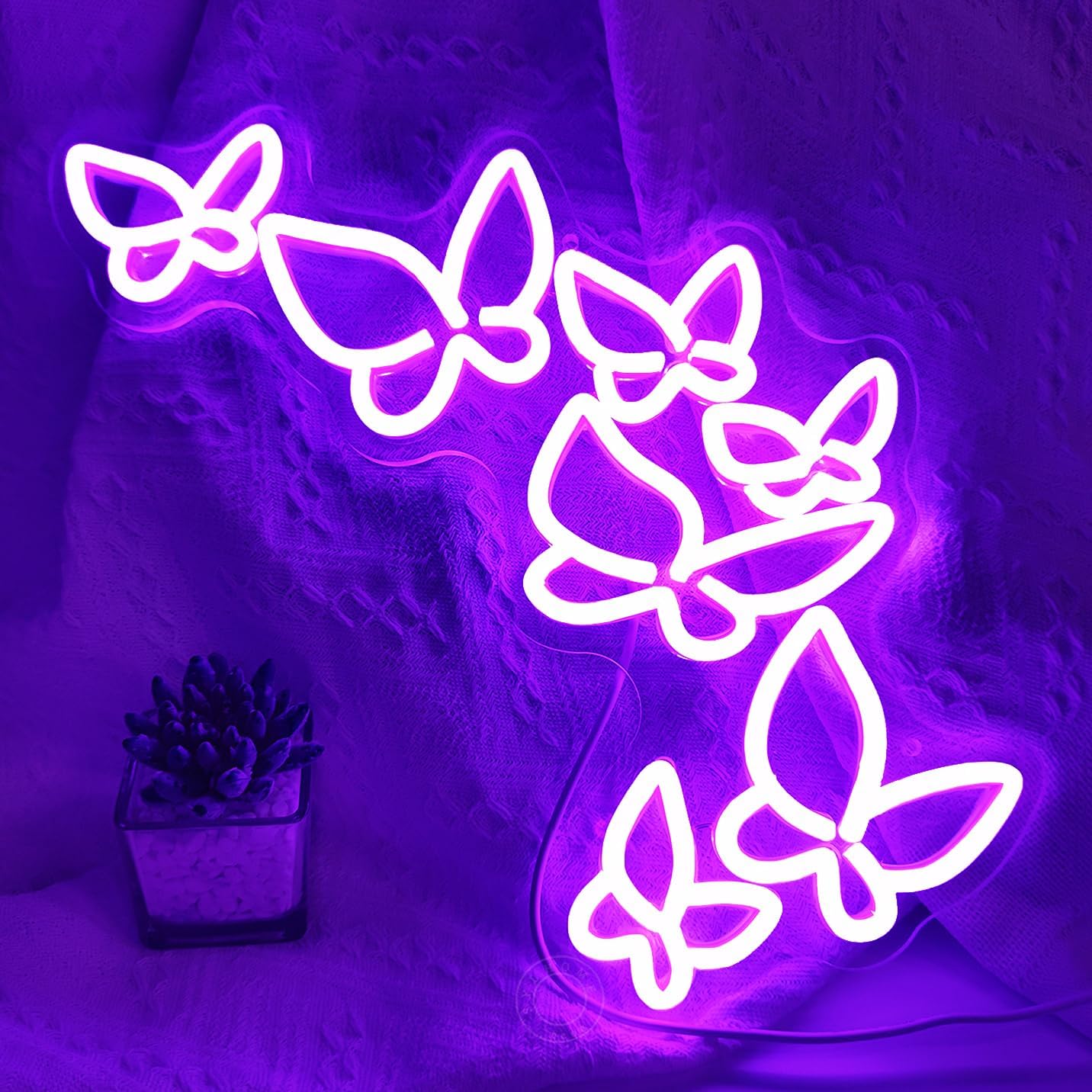 SYLHOME Butterfly Led Neon Light Sign Girls Bedroom Kids Room Beauty Studio Living Room Wedding Birthday Christmas Party Light Up Sign 16.5" X 8.9" USB