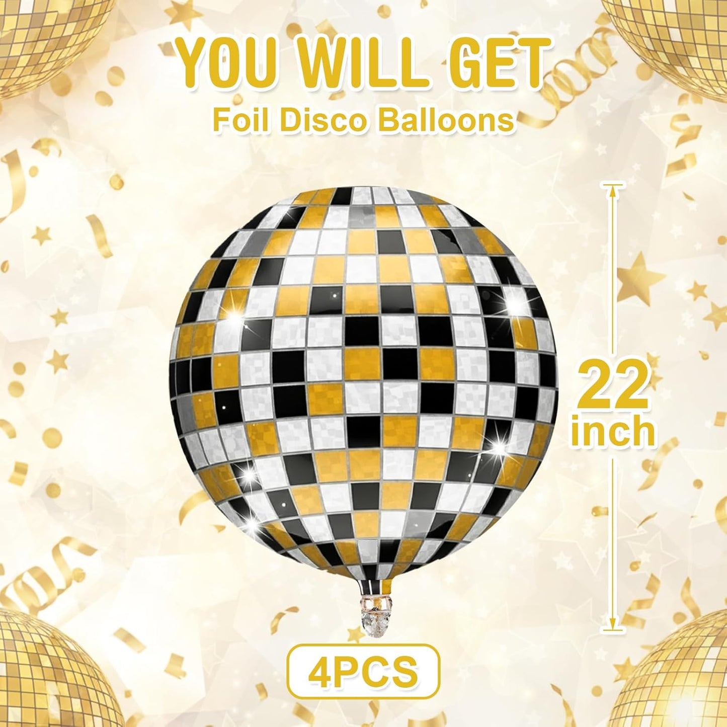 Iridescent Disco Ball Balloons 4PC,Foil Disco Balloons 22 Inch 4D Round Balloon for 70s 80s Birthday Bachelorette Graduation Decorations