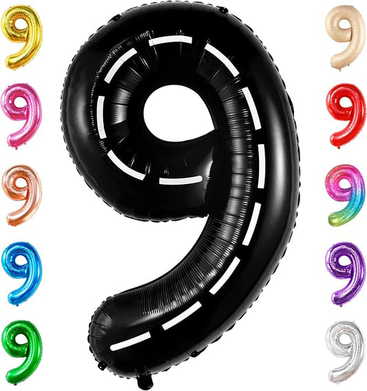 KatchOn, Giant Checkered Number 9 Balloon - 40 Inch | Foil 9 Birthday Balloon for 9th Birthday Decorations | 9th Anniversary Decoration | Race Car Party Decoration | Black Party Decor