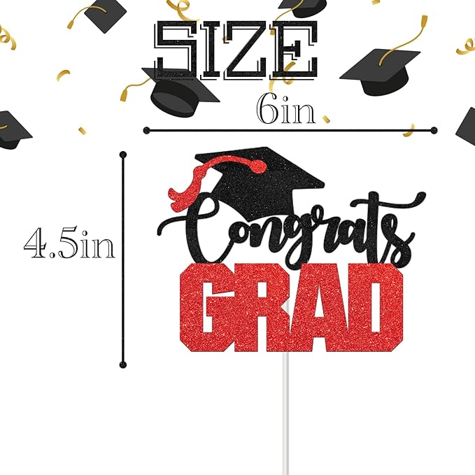 Congrats Grad Cake Topper - High Sohool/College Graduation Party Decoration Supplies - Congratulations Class of 2025 Party Cake Decorations (Red)