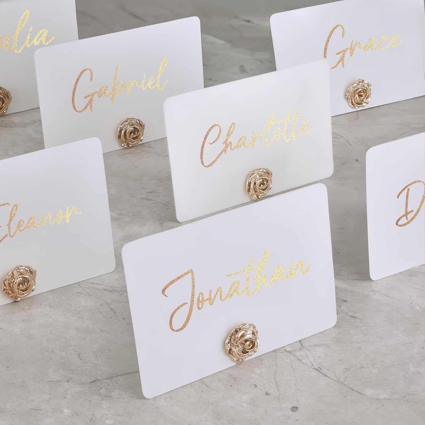 UNIQOOO 24Pcs Decorative Rose Floral Place Card Holders Bulk, Luxury Gold Metal Name Card Stands Set, for Wedding Table Setting, Business Card, Name Tag, Party Food Labels