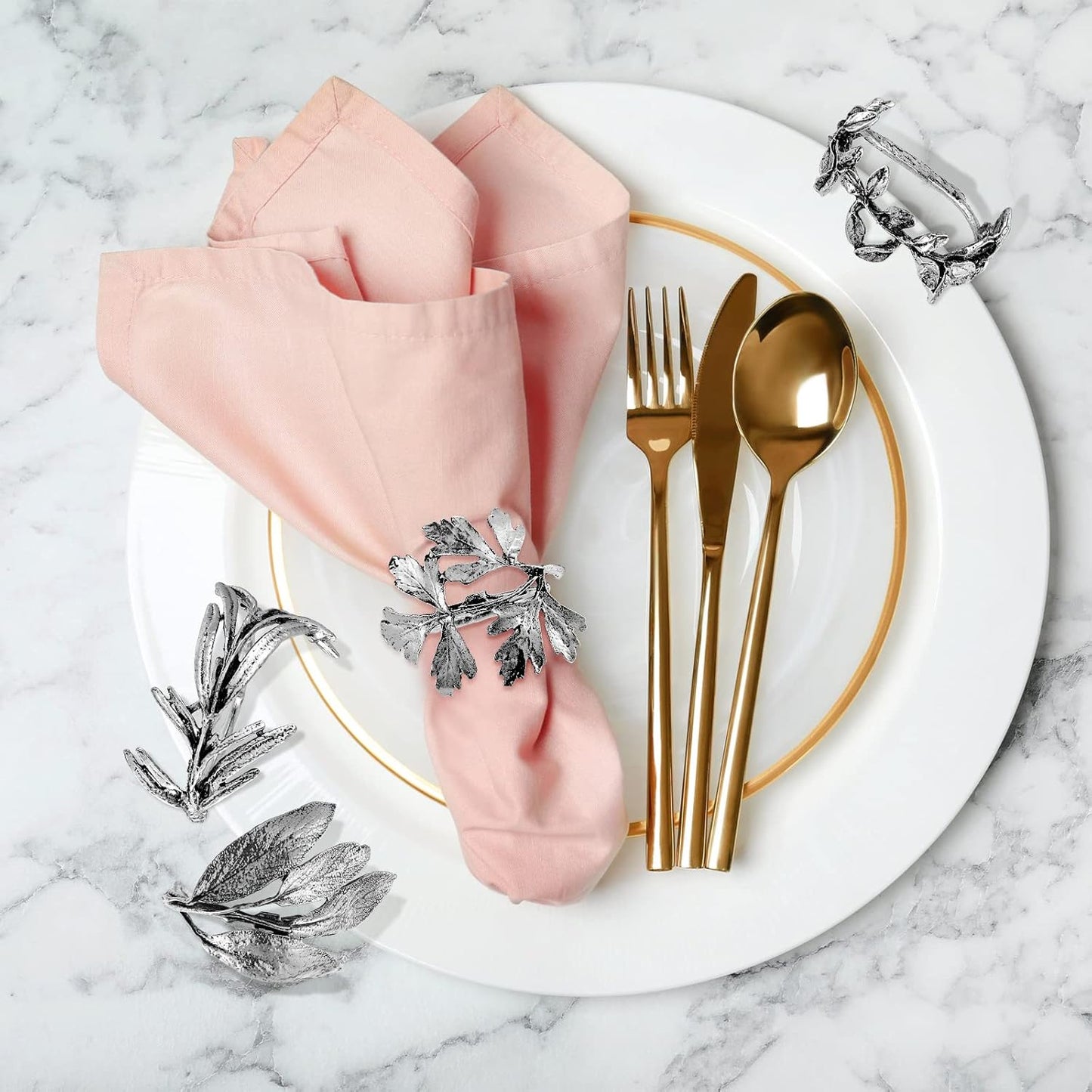 Cunhill 8 Pieces Herb Napkin Rings Set Vintage Leaf Napkin Holders Rings Glossy Holder Adornment Metal Table for Graduation Holidays Wedding Graduation Party Decor Everyday Use(Silver)