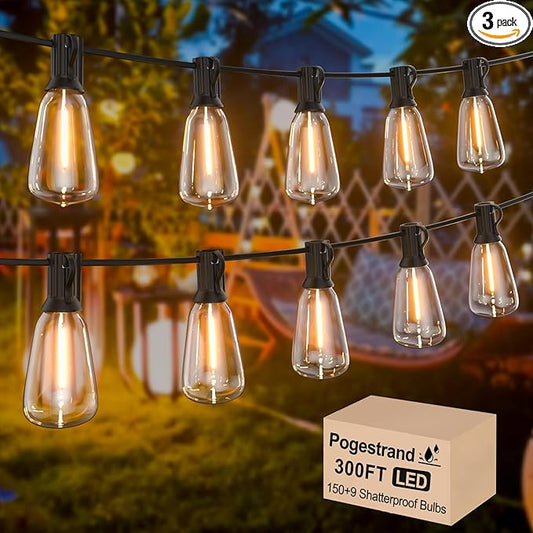 Outdoor String Lights 300ft Waterproof Shatterproof Patio String Lights for Outside with 159 Vintage ST38 LED Bulbs(9 Spare), Dimmable Hanging Lights for Backyard Porch Balcony Party Decor, Warm White