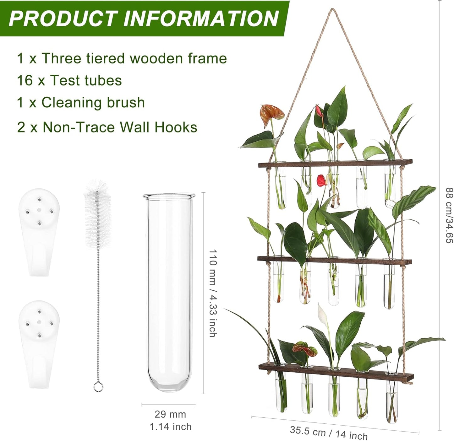 YIBOT Propagation Stations,3 Tiered Wall Hanging Terrarium with Wooden Stand,Mini Glass Test Tubes Vase,Propagation Tubes for Hydroponic Cutting Home Garden Office Decor Plant Lover Gift