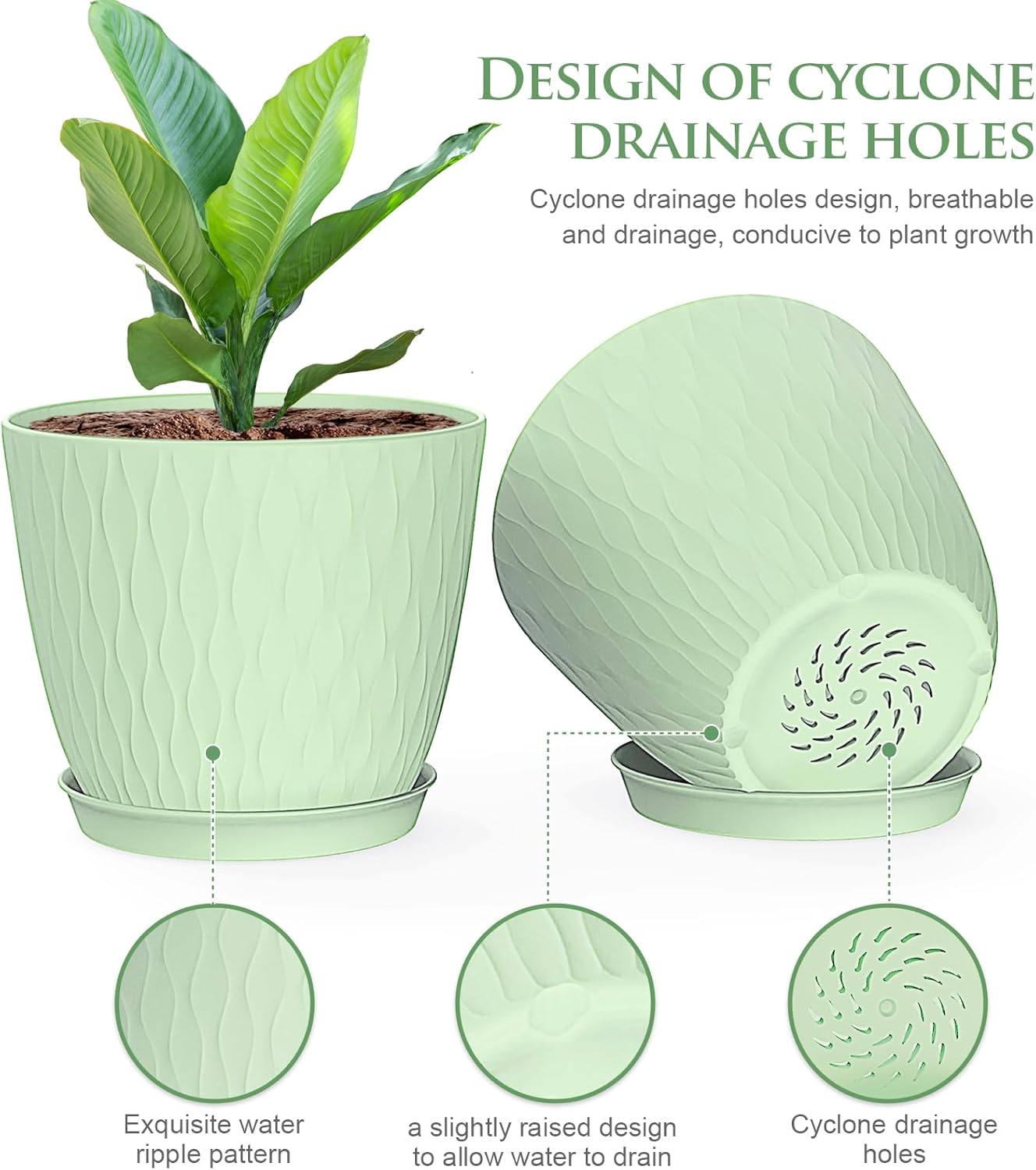 6 inch Plant Pots, 5 Pack Flower Pots with Drainage Holes and Saucers for Indoor Plants, Plastic Planters with Water Ripple for Small Garden House Plants, Nursery Pots for Succulent, Green