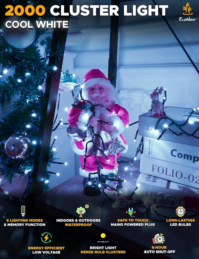 EcoNour 82Ft 2000 LED Cluster Twinkle Lights for Christmas Tree, 8 Modes String Lights for Decoration with Timer and Memory Function, Elegant Cool White Fairy Lights for Magical Home & Indoor