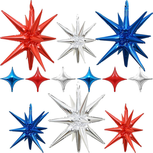 Red Blue Silver Star Balloons 12pcs, 27/22 Foil Inch Star Explosion Balloons, Large Spike Mylar Cone Balloon, Fireworks Shape Balloon Decor for 4th of July Nautical Birthday Patriotic