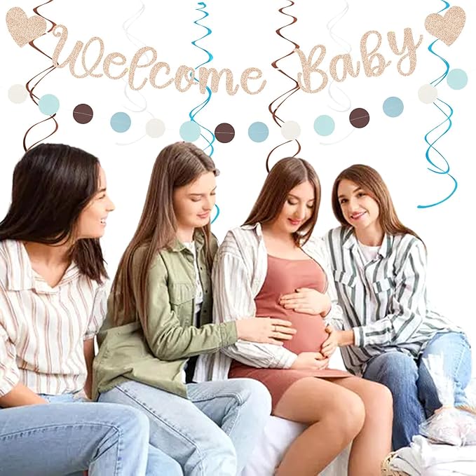 Dusty-Light Blue-Brown Baby Shower Party-Decorations - 22pcs Boys Welcome Baby Banner, White Paper Lanterns Streamers, Coffee Tissue Pom Poms Flowers Fans Decor Hugmoon