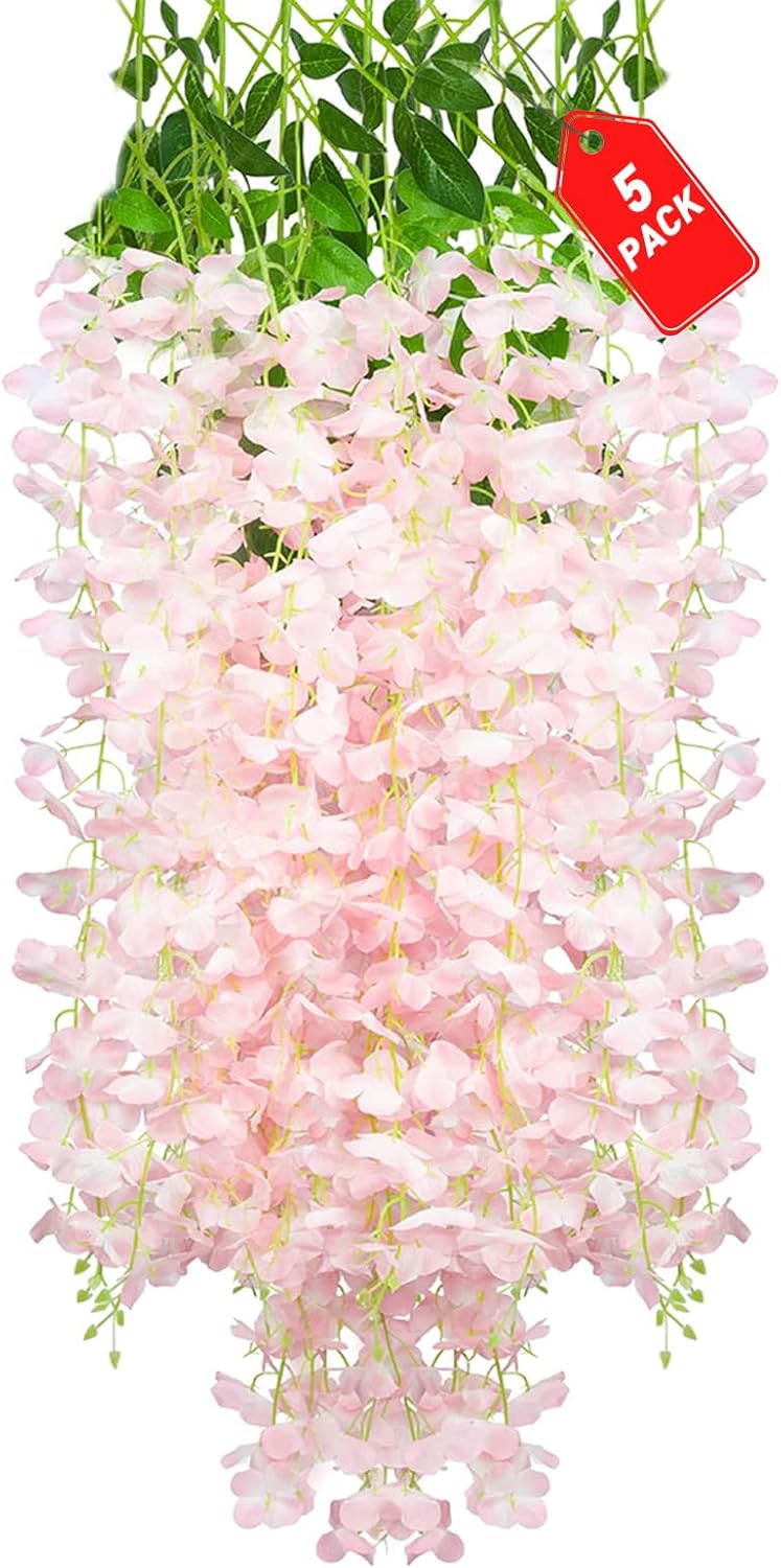 5 Pack Light Pink Wisteria Hanging Flowers, 3.44 Ft Fake Hanging Flowers, Artificial Wisteria Garland Vines for Wedding Room Backdrop Outdoor Patio Garden Decoration