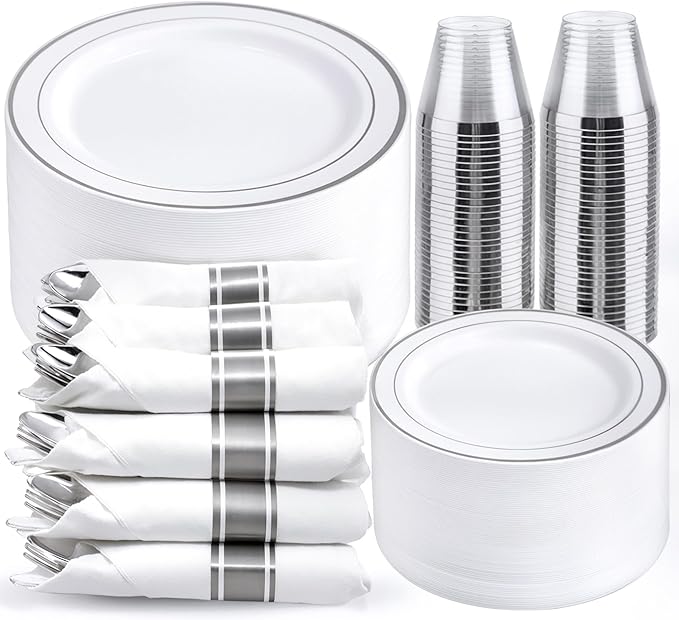 WELLIFE 350Pcs Silver Plastic Plates for 50 Guests - Disposable Dinnerware Set, Christmas Party Supplies Includes 100 Silver plates,150 Silverware,50 Napkins,50 Cups,Christmas Plates Disposable